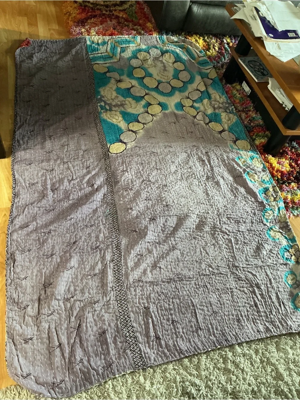 Tantha Handcrafted Patchwork Quilt Throw in Teal, Red, Brown and Cream